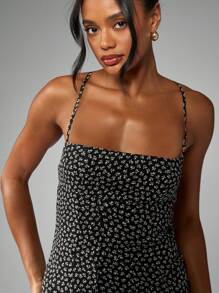 MISSGUIDED Flirty Floral Mini Dress Chiffon Empire Waist Cami Strap Summer Wedding Guest Fit And Flare Ruffle Hem - Black and White - View 5