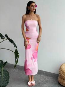 Aloruh 女士花卉印花百褶修身连衣裙，适合度假穿着 - 彩色 - 查看 1