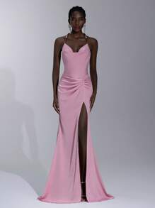 Elitara Vestido de satén tipo sirena maxi con espalda descubierta, elástico, con pliegues y cadena de perlas, elegante, lujoso y sexy, apto para boda, fiesta de solteros, vacaciones, eventos formales, soirée - Rosa - Ver 5