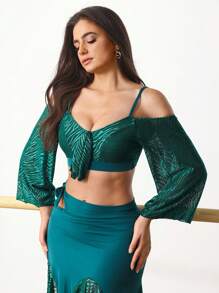 Menodora SHEIN Sport 女士户外时尚性感露肩露背运动T恤 - 綠色 - 查看 3