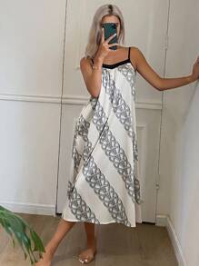 DAZY Women's Contrast Piecing Wrapping Pattern Full Print Camisole A-Line Nightgown Pajama - White - View 4
