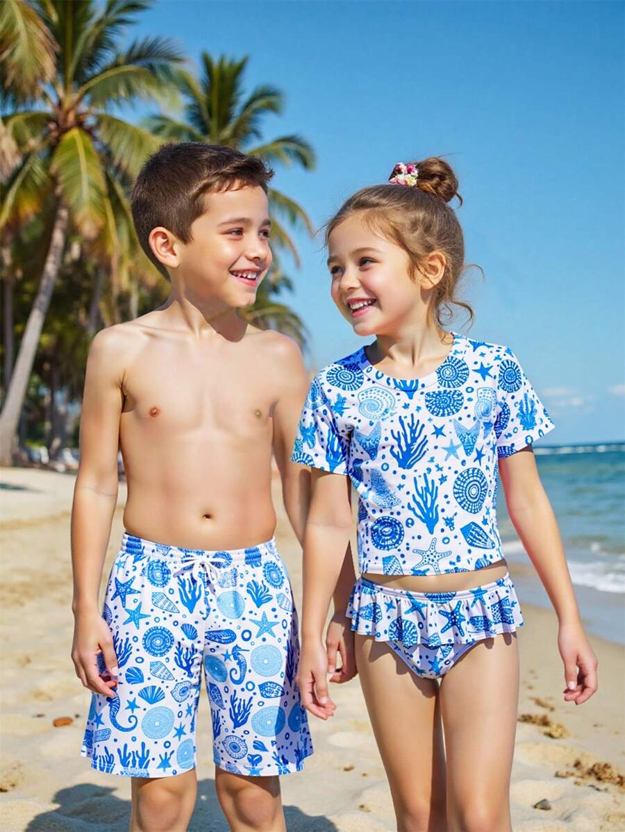 小男孩度假风格印花抽绳沙滩短裤，家庭装妈妈和我（4 件单独出售）