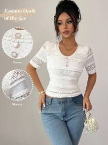 Elenzga Women's Elegant Solid Color Lace Splice T-Shirt, Summer - Apricot - View 1