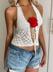 SHEIN EZwear Women's Fashion Vacation Sexy Halter Tie-Up Backless Knit Blouse,Date Night - Beige - View 5