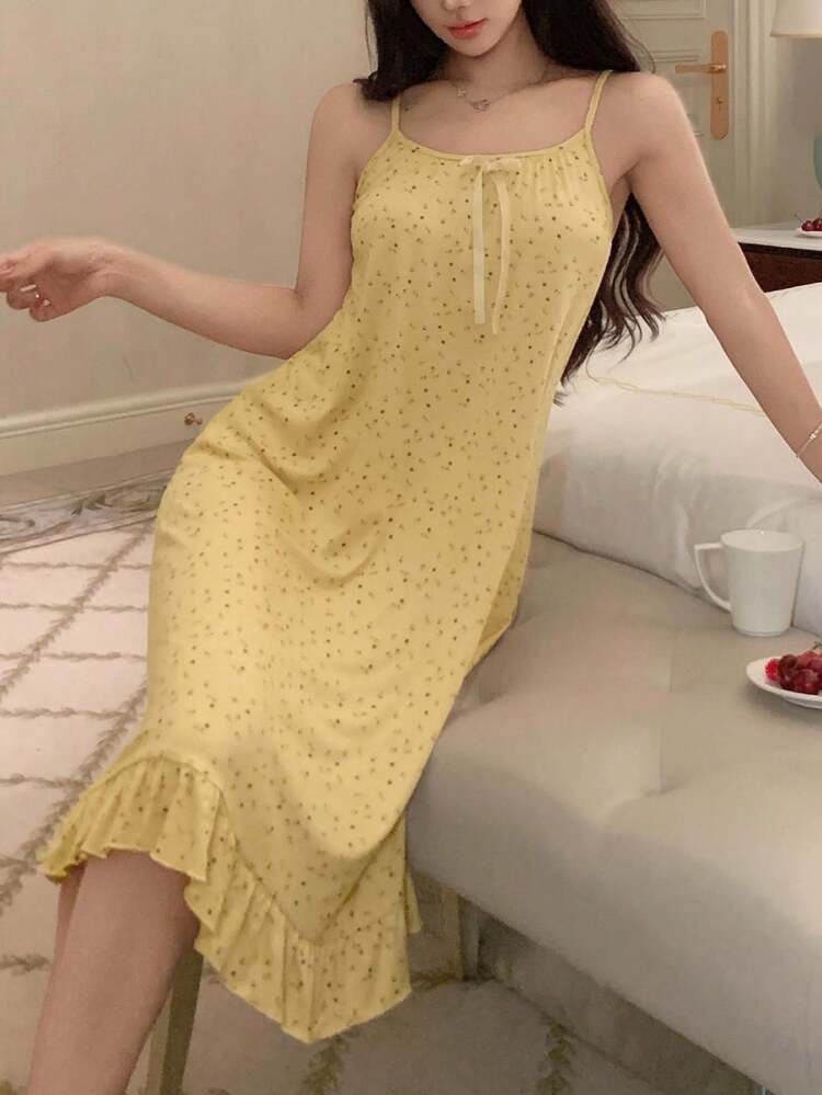 Women's Casual Ditsy Floral Ruffled Hem Slip Dress For Summer Pajama