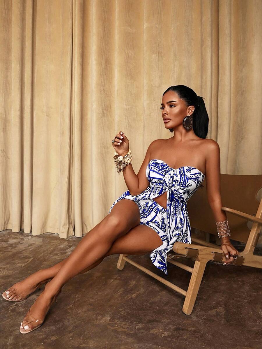 SHEIN Unity Stamp Type Two-Color Printed Two Pieces Set - Blue - View 1