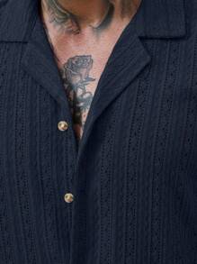 VENTUSAIL 2 件套男士纯色纽扣镂空衬衫和短裤套装，度假纯色丈夫休闲装，适合度假、海边、日常休闲、夏季装男士度假装男士夏季服装 - 寶藍色 - 查看 3