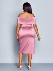 SOLERSUN SOLERSUN Women's Plus Size Fashion Solid Color Elegant Party Off-The-Shoulder Ruffled Satin Midi Dress, Diverse Twist Design Dress, Autumn, Winter, Music Festival, Party,Fall