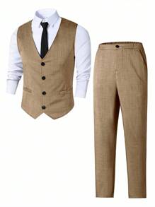 SHEIN 2pcs Teen Boy Gentleman Suit Set, Gray Slim Fit Vest + Quality Long Pants, Elegant & Formal Outfit For Birthday, Wedding, Graduation Party, Ceremony Fall Winter - Mocha Brown - View 3