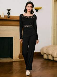 Lace Patchwork Mature Elegant Minimalist French Style Women Pajama Set, Fall Clothes - Black - View 5