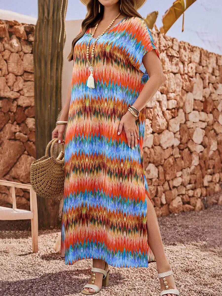 EMERY ROSE 大码V领短袖开叉休闲宽松夏装 - 彩色 - 查看 1