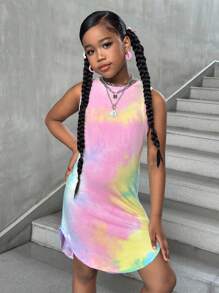 SHEIN 青少年女孩休闲街头风格时尚扎染印花圆领前短后长无袖连衣裙 - 粉色 - 查看 3