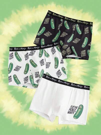 Rick and Morty X SHEIN 3pcs Men's Black & White Cartoon Character Rick Gherkin Print Basic Boxer Briefs,Summer Casual Shorts