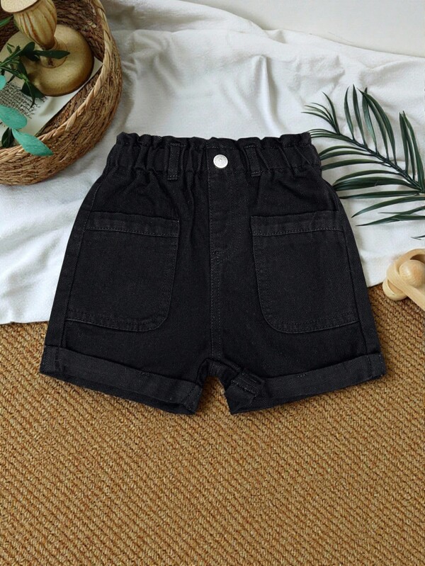 SHEIN Vintaside Kids Shorts de mezclilla negro bordado floral holgado y casual para niñas pequeñas con cintura elástica