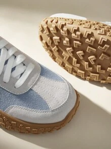 CUCCOO EASI Women's Patchwork Round Toe Thick Sole Casual Sports Shoes, PU Leather, Blue Color, Sports Style For Casual, Outdoor Everyday Wear - Dusty Blue - View 5