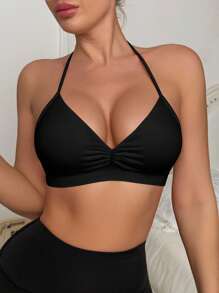 EasyFave 1pc Women's Seamless Lightly Lined Underwire-Free Minimizer Bra, Halter Style Sexy Back Design Black Bra Push Up Bikini Inserts Push Up Tops With Built In Bra Chest Cushion Bra Inserts Push Up Bra Inserts Bra With Inserts - Black - View 3