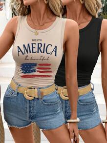 SHEIN LUNE 2pcs Women's Round Neck U.S. Flag & English Print Tight Camisoles, Suitable For Summer Back To School - Multicolor - View 9