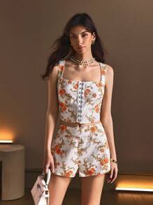 SHEIN BAE 女式优雅花卉印花无袖牛仔夏季衬衫 - 白色 - 查看 7