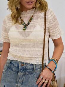 LanaWest Summer Sexy Solid Color Textured Sheer Crop Top - White - View 3