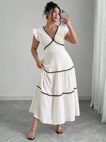 Elenzga 大码女式编织纹理纯色撞色饰边 V 领飘逸长裙，优雅浪漫 - 杏色 - 查看 5