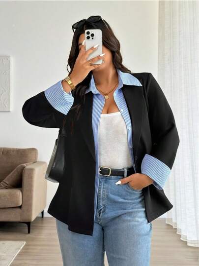 Easura Plus Size Casual 2 In 1 Suit Jacket, Patchwork Design Loose Blazer Women Summer Clothing Woman S Summer Clothes Women Summer Sets Office Outfits For Women Women Blouses Casual Office Outfits Women Graduation,Back To School,Teacher Outfits For Women Fall Cloth For Women Autumn