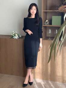 DAZY Women Elegant Contrast Mesh Mid-Length Dress,Fall Dress Long Sleeve Dress - Black - View 6
