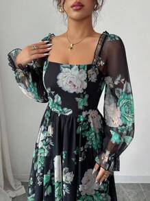 Modelyn 女式方领灯笼袖抽绳腰飘逸宽下摆网眼花卉印花浪漫优雅长裙，适合度假、婚礼、派对 - 彩色 - 查看 6