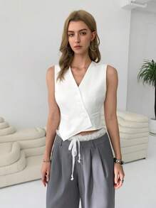 SHEIN EZwear 女士夏季休闲/工作服无袖纯色薄款西装外套 - 白色 - 查看 3