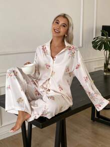 DAZY Set pijamale pentru femei, cu imprimeu floral pe toată suprafața, din dantelă, cu buzunare, stil cămașă, top și pantaloni, haine de toamnă
