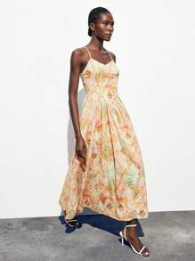 Maija 女士优雅扎染镂空刺绣吊带裙，夏季夏季连衣裙中长款太阳裙长款太阳裙长款花园派对连衣裙度假服夏季连衣裙女士橙色连衣裙女士服装露肩连衣裙花朵连衣裙 Fairycore 婚礼宾客礼服女士优雅生日礼服女士生日服装波西米亚风女装波西米亚风女装露肩飘逸连衣裙 - 黃色 - 查看 6