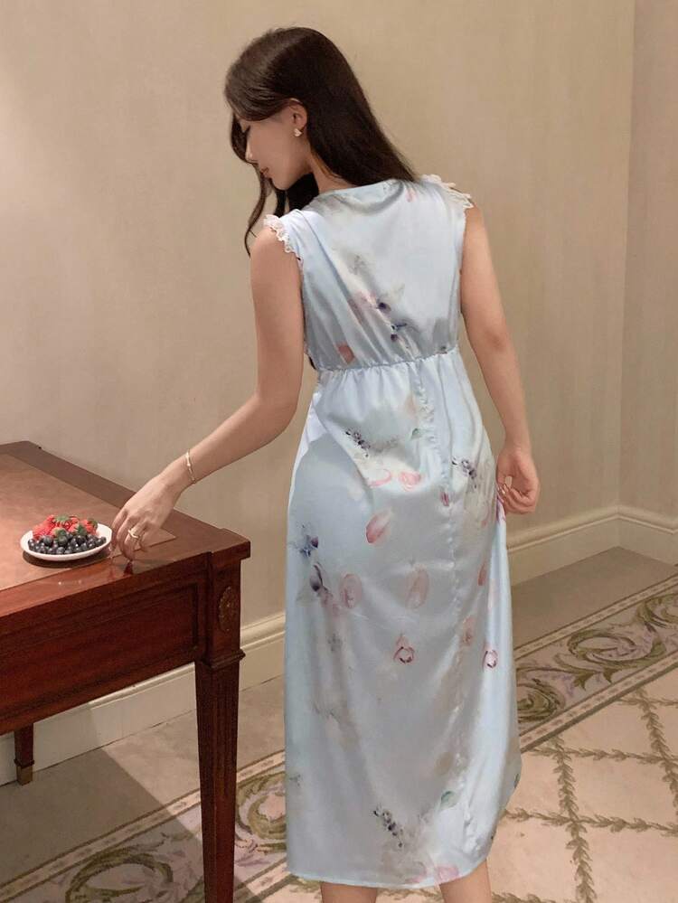 Women's Romantic Tie-Dye Floral Print Lace Trim V-Neck Sleeveless Nightdress Pajama