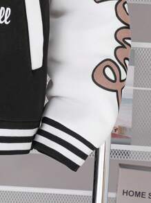 SHEIN Teen Boy Fashion Casual Vacation Colorblock Letter Print Jacket Chic Outfits For Autumn/Winter Fall - Black and White - View 5