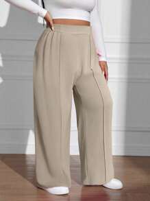 SHEIN EZwear Plus Size Casual Loose Solid Color Elastic Waist Wide Leg Pants,Back To School High Waist Pants - Camel - View 6
