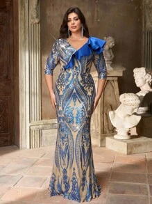 Aureia 加大码夏秋优雅浪漫华丽皇家蓝色圆领假深 V 领七分袖形状胸部不对称荷叶边修身鱼尾下摆加尾巴适合晚餐单身派对约会舞会假日婚礼活动返校厚重晚礼服婚礼宾客礼服 - 彩色 - 查看 4