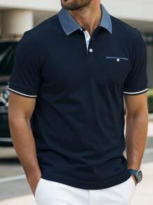 Manfinity Homme 男士条纹短袖休闲通勤 Polo 衫 - 寶藍色 - 查看 1