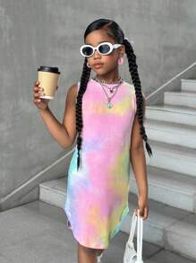 SHEIN 青少年女孩休闲街头风格时尚扎染印花圆领前短后长无袖连衣裙 - 粉色 - 查看 6