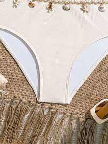 SHEIN Teen Girls' Tankinis Set, Blue Ribbed Fabric Adjustable Camisole Top & Triangle Bottom, With Shell & Starfish Decor, 2 Pieces