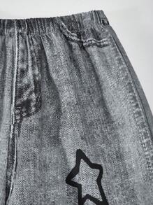 SHEIN Pantalones holgados con estampado de mezclilla sintética para niñas preadolescentes, adecuados para uso casual, vacaciones, estilo callejero y fiestas