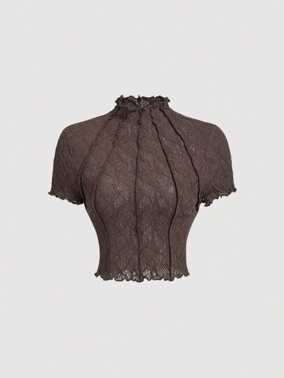 SHEIN MOD Women's Round Neck Puff Sleeve Solid Color Knit Textured Sheer Casual T-Shirt