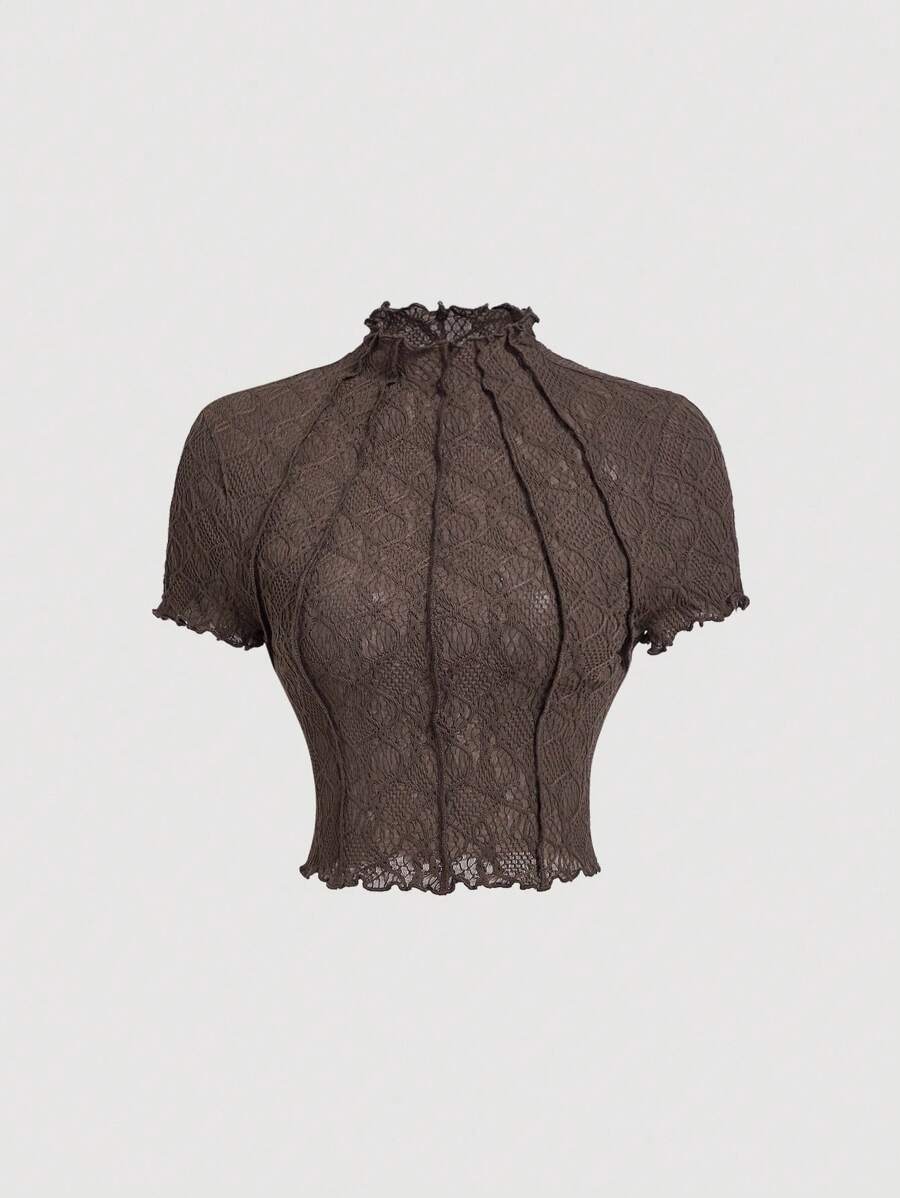 SHEIN MOD Women's Round Neck Puff Sleeve Solid Color Knit Textured Sheer Casual T-Shirt