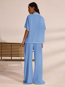 MUSERA Áo sơ mi và quần ống rộng chất liệu giả vải lanh, viền tương phản, thắt nơ, thích hợp cho kỳ nghỉ hè, phong cách Boho Ibiza, thanh lịch, dễ thương, mùa thu đông, hẹn hò, mùa xuân. - Màu xanh lam - Xem 3