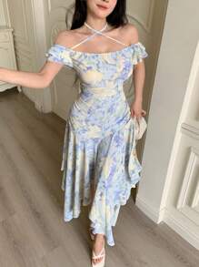 Modelyn Robe d'été élégante pour femme en mousseline imprimée, épaules dénudées, croisée, plissée avec ourlet irrégulier - Bleu azur - Voir 6