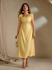 Flirla 大码女式法式浪漫荷叶边优雅沙滩裙，方领荷叶边袖，腰部收褶，喇叭裙，及踝长度，适合春夏季 - 黃色 - 查看 5