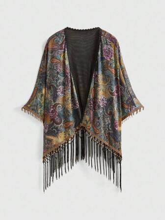 Hippie Cardigan da donna in stile retrò hippie western cowgirl, con frange di perline, orlo asimmetrico con stampa paisley, spalle senza cuciture
