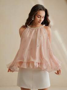 Anewsta Elaire Fashionable Elegant Chic Fresh Rhinestone & Pearl Decor Sleeveless Women Tank Top - Pink - View 5