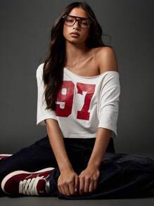 MISSGUIDED 露肩学院风数字印花短款上衣学院风短袖休闲学生学院风服装 - 白色 - 查看 1