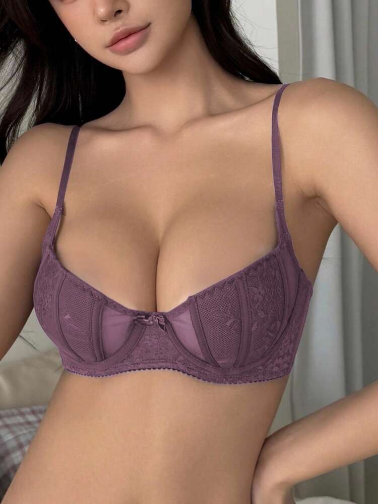 Mesh And Contrast Lace Lightweight Padded Sexy Bra Lingerie For Women