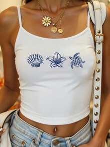 Veykashi Retro Turtle, Shell & Flower Pattern White Sleeveless, Casual & Sexy, Suitable For Holidays, Music Festivals, Beach Vacation, Summer White Graphic Crop Top Seashell Top Cute Beach Tops Turtle Graphic Top,Back To School - White - View 1