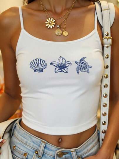 Veykashi Retro Turtle,Shell & Flower Pattern White Sleeveless Crop Top,White And Blue,Summer,Casual,Vacation,Holiday, Seashell Beach Tops,Back To School