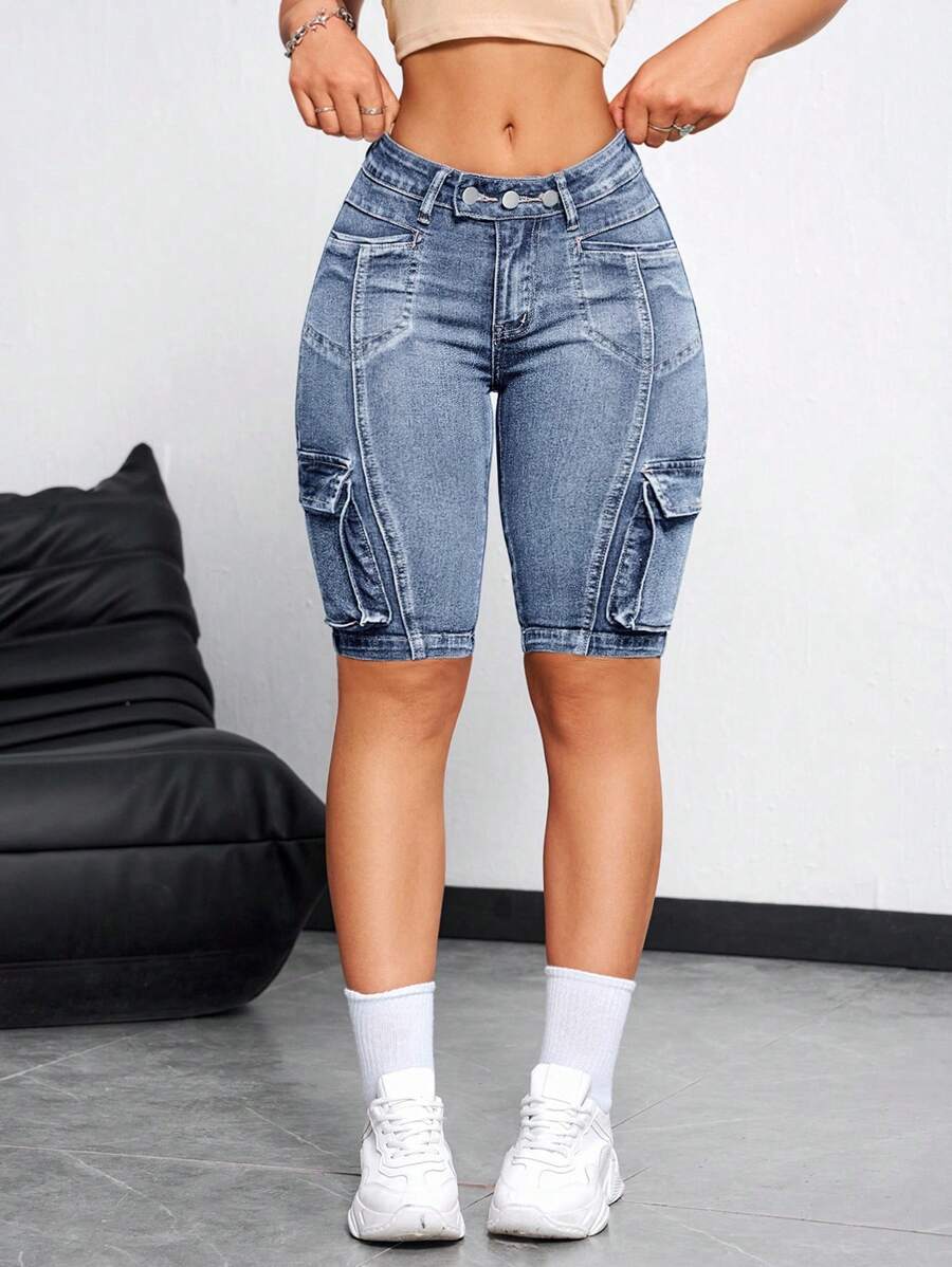 SHEIN ICON Women's Casual Washed Denim Cargo Shorts